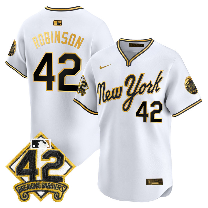New York Mets 2025 Jackie Robinson Patch Road Alternate Jersey  White Gold Jackie Robinson